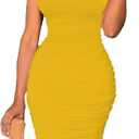 Nimsruc Women's Sexy Casual Tank Top Bodycon Dress Ruched Pencil Sleeveless Basic Midi Club Dresses (Yellow, XL)