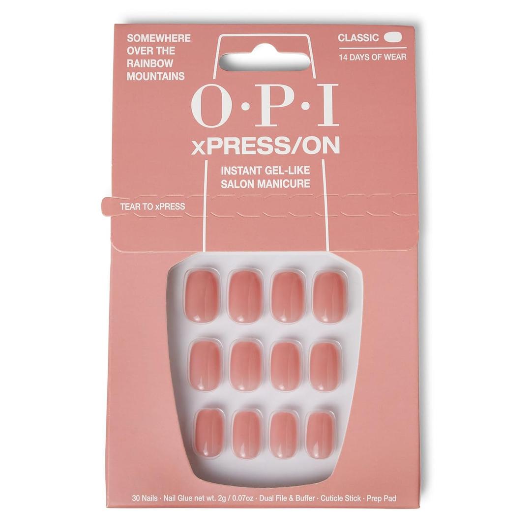OPI xPRESS/ON Press on Nails | Short Round Classic, Long Almond & Coffin Shape Press-On Professional Nail Art Kit (Somewhere Over the Rainbow Mountains | Soft Neutral Pink)
