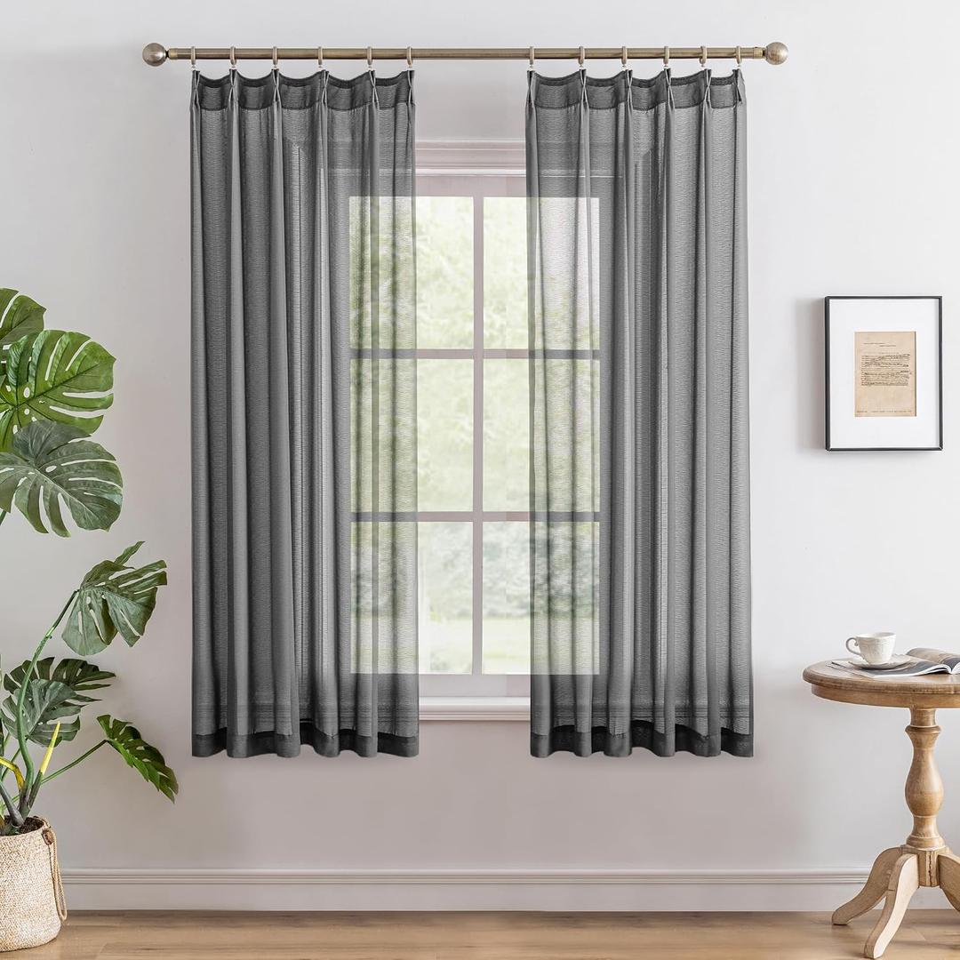 MAIHER Grey Pinch Pleat Sheer Curtains 63 Inch Length with Hooks 2 Panels | Pleated Drapes, Soft Touch, Lightweight, Privacy, Light Filtering, For Bedroom, Adjustable Hooks, 42" W x 63" L