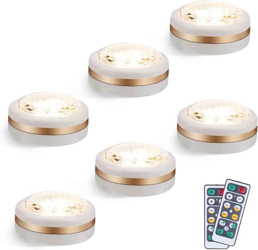 LEASTYLE Puck Lights with Remote,Wireless Under Cabinet Lighting Battery Operated,Nightlight with Adjustable Brightness and Timer,Under Counter Light for Kitchen,Bedroom,Closet,Display,Bookshelf (6 Pack)