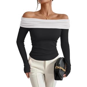 Prettywear Women's Sexy Off Shoulder Tops Dressy Long Sleeves Going Out Nightout Shirt 2025 Fall Clothes (Large, Black_whitepattern)
