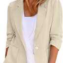 2025 Summer Linen Blazer Women Lightweight 3/4 Stretchy Ruched Sleeve Fully-Lined Casual Work Jacket with Pockets (Medium, 1-beige)