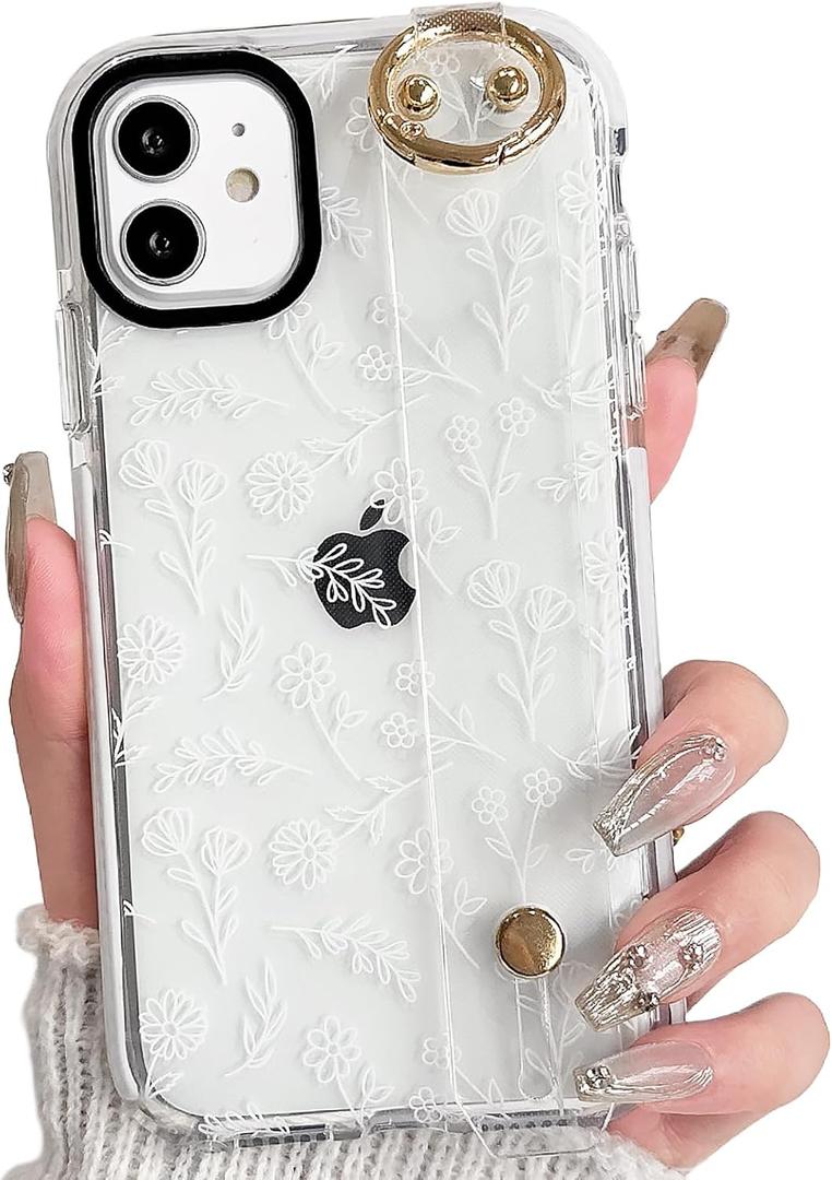 NITITOP Compatible with iPhone 11 Case Clear Cute Pattern Design for Women Girls with Wrist Adjustable Hand Strap Kickstand Grip Holder Soft TPU Slim Protective Phone Cover - Flower Leaves