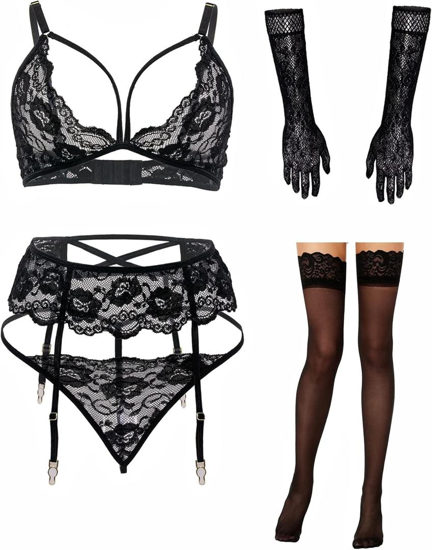 Women Lingerie with Stockings and Gloves or Eye-mask,Garter Belt Lingerie Set (Medium, Black)