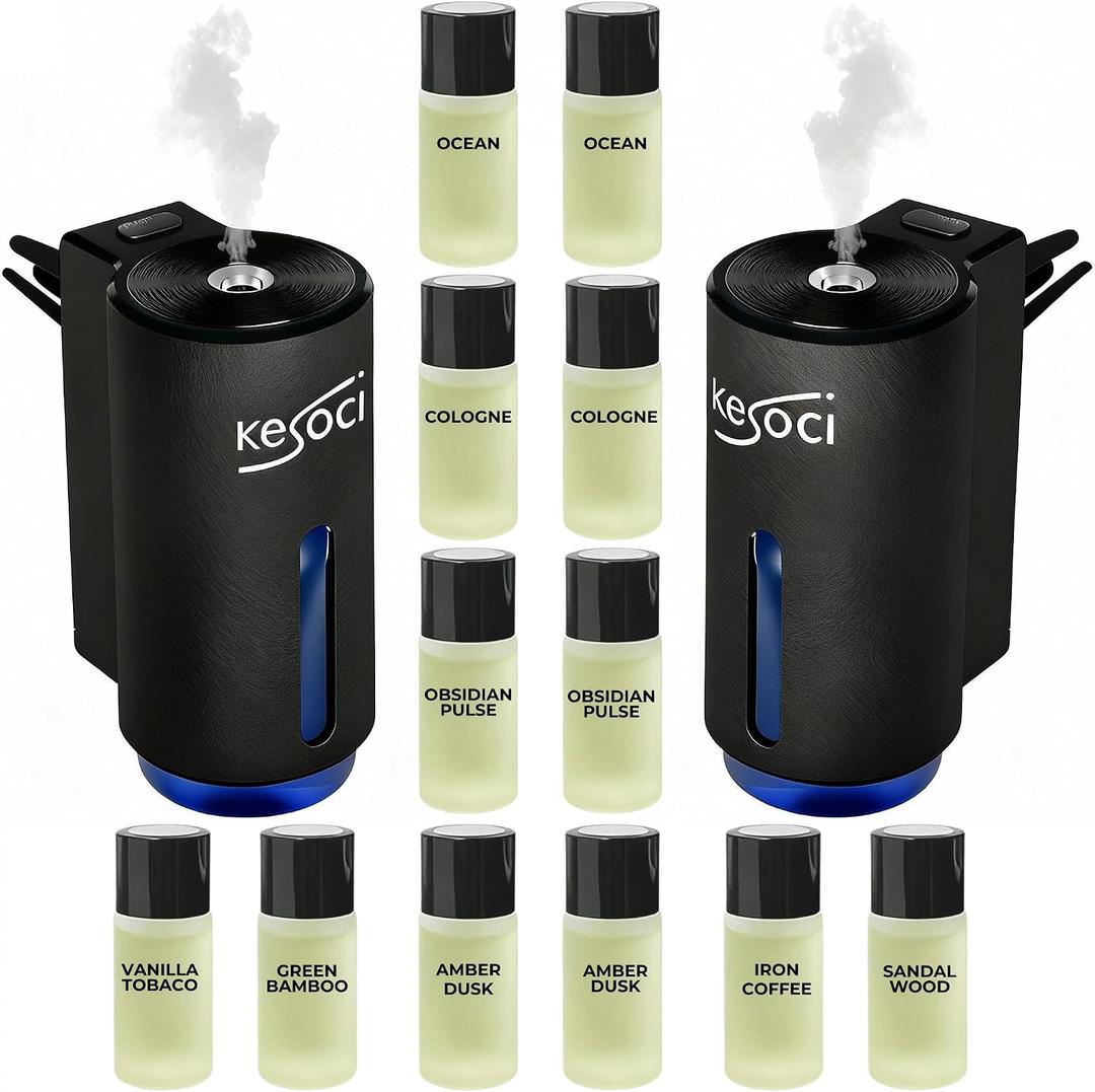 2 Smart Car Air Freshener Diffusers Rechargeable Auto Scent Device Set with 12 Refills Anti-Leak System, 3 Spray Modes & Motion Sensor Auto On/Off