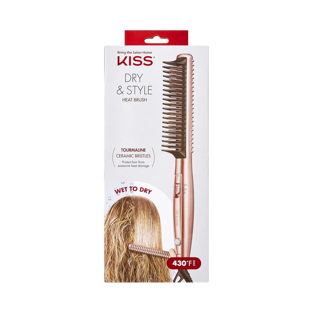 KISS Dry and Style Heat Brush, Wet to Dry Detangling and Volumizing Hot Comb, Tourmaline Ceramic Bristles, 2 Temperature Settings, Ultra Lightweight Handle, 360 Swivel Power Cord