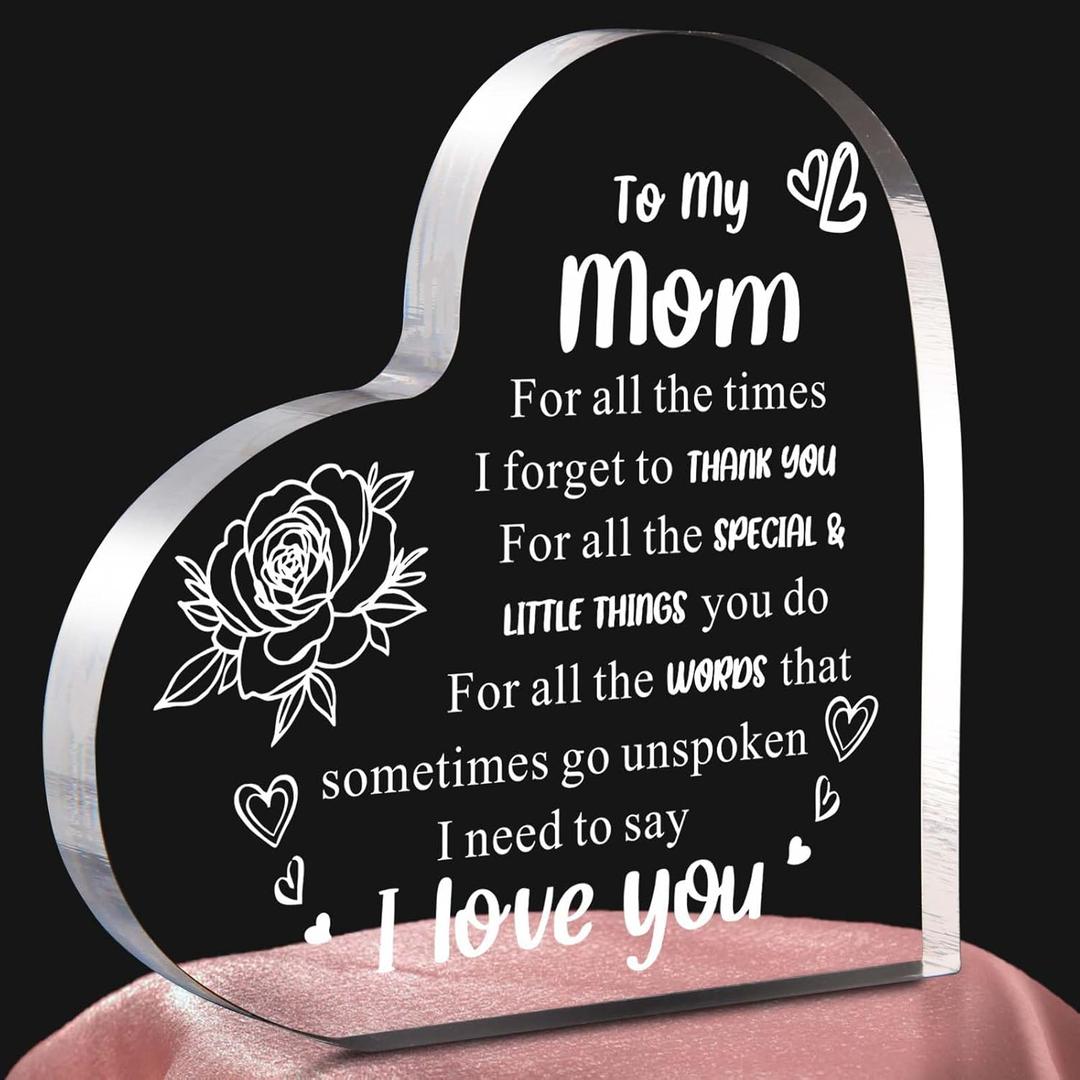 Gifts for Mom From Daughter Son, Heart Shaped Acrylic Block For Moms - I Love You Cute Mum Plaque Thanksgiving, Birthday, Christmas Gift for Mom Idea (Heart 3.9" x 3.9" x 0.6")