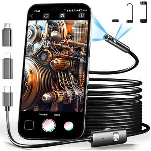 Dual Lens Endoscope Camera with Light Borescope Inspection Camera with 8+1 Adjustable LED Lights 1980P IP68 Waterproof with 16.5ft Semi Rigid Snake Camera for iPhone iPad Android Phone
