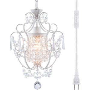 Plug in Chandelier Mini Crystal Chandelier White Retro Small Chandeliers Ceiling Light for Girls Bedroom,Farmhouse Plug in Pendant Light for Kitchen Island Bathroom Dining Room Closet (Brown)