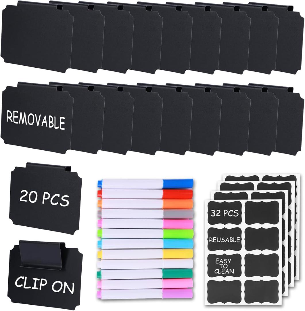 20 Pieces Basket Labels Clip On Set for Storage Bins Kitchen Pantry Basket Box Cube Laundry Organization, with 32 Pieces Removable Chalkboard Tag Stickers and 12 Pieces Chalk Marker