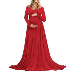 Saslax Maternity Off Shoulders Long Sleeve Half Circle Gown for Baby Shower Photo Props Dress Red 83 Large