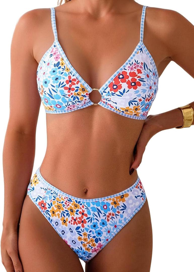 Fanuerg Women's Triangle Bikini Sets O Ring Linked Two Piece Swimsuits Floral Printed Cheeky Bathing Suit (Medium, Blue Red Floral)