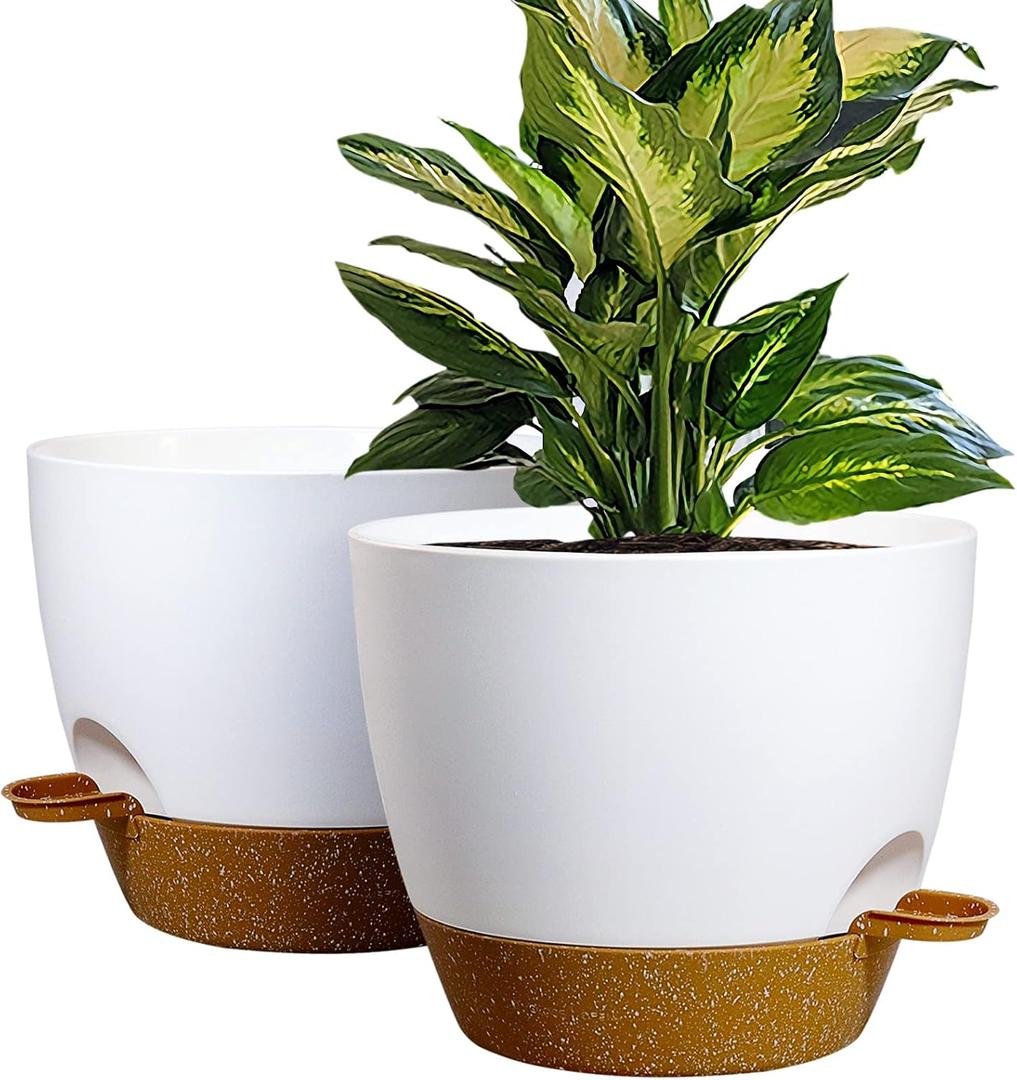WOUSIWER 10 inch Self Watering Planters, 2 Pack Large Plastic Plant Pots with Deep Reservoir and High Drainage Holes for Indoor Outdoor Plants and Flowers, White with Terracotta
