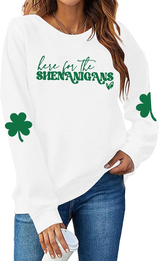 UNIQUEONE St Patricks Day Sweatshirt - Here for The Shenanigans Sweatshirts Women Casual Irish Long Sleeve Pullover Tops (White, XL)
