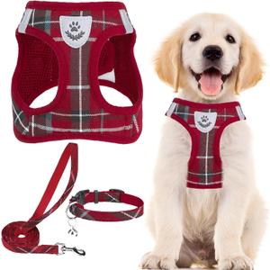PUPTECK Adjustable Dog Harness Collar and Leash Set Step in No Pull Pet Harness for Small Medium Dogs Puppy and Cats Outdoor Walking Running, Soft Mesh Padded Reflective Vest Harnesses, Red M