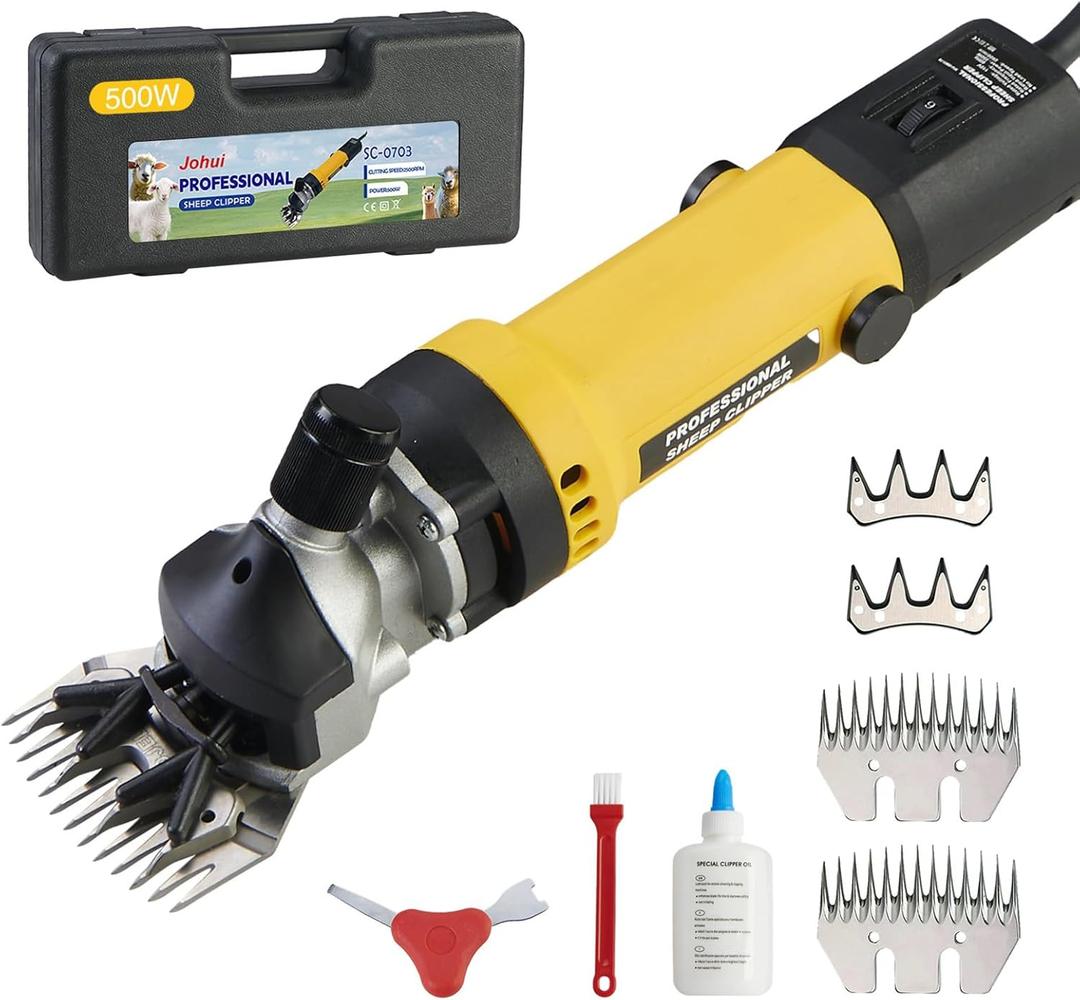 Johui Professional Electric Sheep Shears, 500W for Trimming and Grooming Sheep, Alpaca, Yak and Long-haired Animals, 2 Sets of Blades, 6 Speeds and 2600 RPM