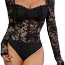 OYOANGLE Women's Floral Lace Long Sleeve V Neck Corset Mesh Leotard Bodysuit Sweetheart Neck Going Out Slim Fit Tops Jumpsuit, Small - Black