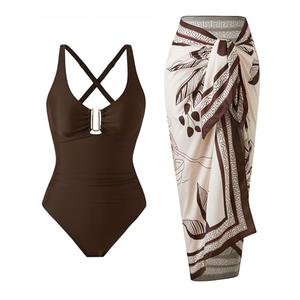 BAWHAHT One Piece Swimsuit Women with Cover Up Set Retro Bathing Suit for Women Tummy Control Beach Wrap Skirt Brown, XXL
