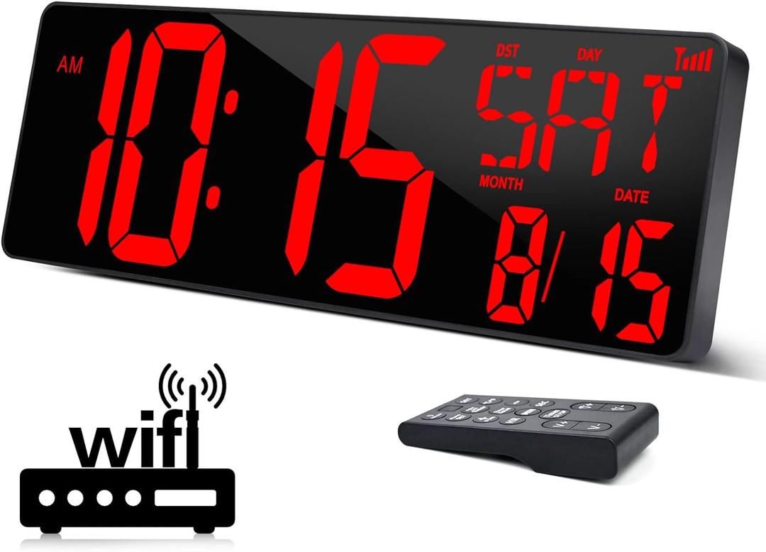 XREXS Large Digital Wall Clock WiFi Sync, 16.5 in Large Display Wall Clock with Temperature/Date/Week, LED Big Digital Timer Clock with Remote Control, Alarm Clock for Home and Office, Auto-dimming (Red)