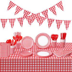 205 Pcs Party Supplies for 25 Guest Checkered Plaid Tablecloth Pennant Banner Plate Cup Napkin Cutlery and Straw for Birthday Family Dinner Picnic BBQ Birthday Party Decoration(Red and White)