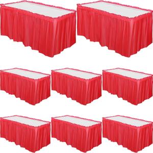 Tegeme 8 Pieces 29 in x 14 ft Plastic Table Skirts for Rectangle Tables Disposable Ruffle Table Skirts with Adhesive Strip for Party Wedding Reception Birthday baby shower (Red)