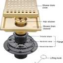 4 Inch Square Shower Floor Drain, Stainless Steel Black Shower Drain Kit with Flange, Floor Drain with Removable Grid Cover,Brushed Gold