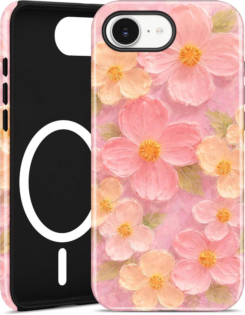 Jusy Magnetic Oil Painting Flower Floral Case for iPhone 12 Pro Max, Pink | Compatible with MagSafe, Cute Aesthetic Flower Design, TPU and PC Protective Phone Cover