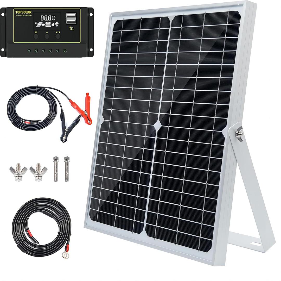 Topsolar 30W 12V/24V Solar Panel Kit, Monocrystalline Solar Battery Trickle Charger Maintainer +10A PWM Charge Controller + Adjustable Mount Bracket for Car, RV, Boat, Motorcycle, Off-Grid System (30W-KIT)