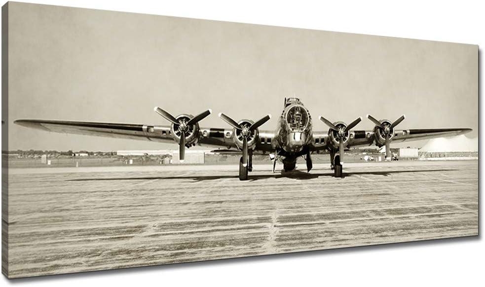KLVOS Large Airplane Art Wall Decor World War II Era Heavy Bomber Old Photo Picture Print on Canvas Vintage Aircraft Propeller Modern Home Decoration Stretched on Wooden Ready to Hang 20x48inch