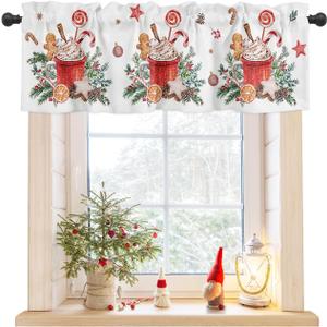 Christmas Valances for Windows Gingerbread Candy Cane Christmas Kitchen Curtain Valances Rod Pocket Xmas Ball Window Curtain Treatment Topper Curtains Seasonal Valance Christmas Decor, 42x12 Inch