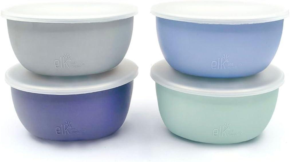 Elk and Friends Stainless Steel Bowls + Silicone Sleeve and Storage Lid | Baby, Toddler, Kids | Cereal & Snack Bowls | Storage Containers | Dishwasher Safe | 4 Pack (Sage/MistyBlue/Gray/Navy)