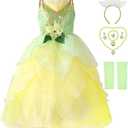 Axaxa Princess Tiana Costume for Girls - Princess and the Frog Dress With Accessories 3-11 Years Size: 100cm