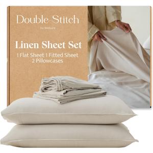 Double Stitch European Flax Linen Sheets Cal King - Breathable Linen Blend Bedding Set 4 PC, Sustainable, Moisture-Wicking & Cooling Sheet Set, Deep Pocket Up to 16'', Featured in USA Today, Oat