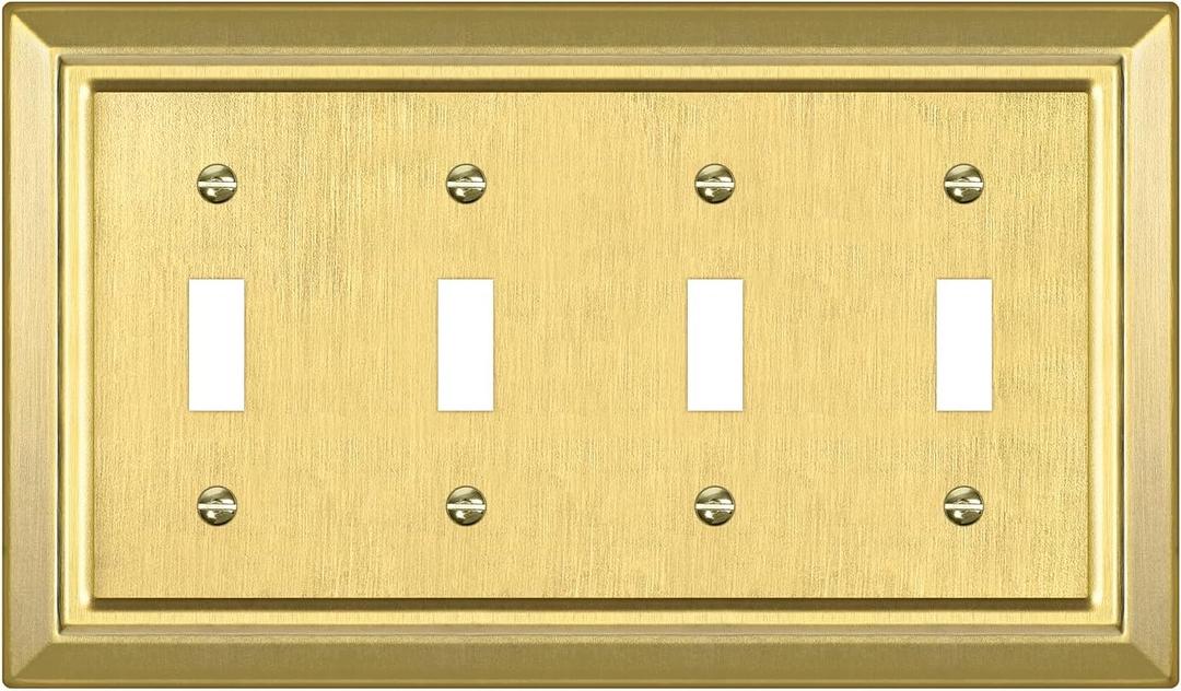 Metal Wall Plate for Electrical Outlets, Decorative Brass Gold Switch Plates Outlet Cover, Light Switch Cover Plate, 4-Gang Wall Plates (Quad Toggle, 1 Pack)