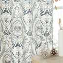 LAMIT Linen Curtains for Living Room 84 inch Length 2 Panels Set, Light Filtering Privacy Grommet Vintage Boho Damask Printed Window Drapes for Bedroom, Greyish Blue, Each 52 x 84 Inch