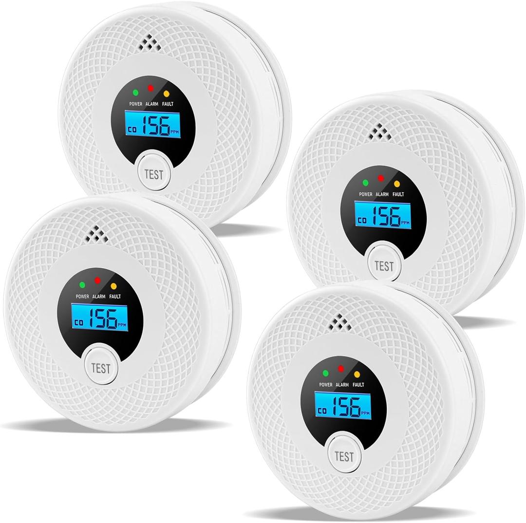 4 Pack Smoke and Carbon Monoxide Detector with Test Button, 85dB Loud Beep, LCD Display, Battery-Operated Smoke Detector Carbon Monoxide Detector Combo for House, Apartment, Kitchen, Garage Use