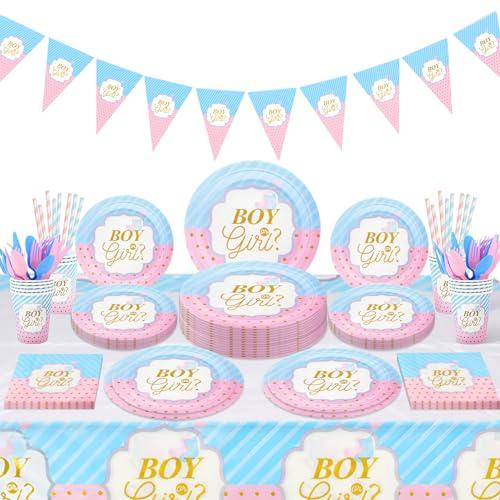Gender Reveal Party Tableware Set - 60 Pcs Boy or Girl Paper Plates Cups Napkins Straws Tableware Set Tablecloth Banner Tableware Supplies Baby Shower Decorations