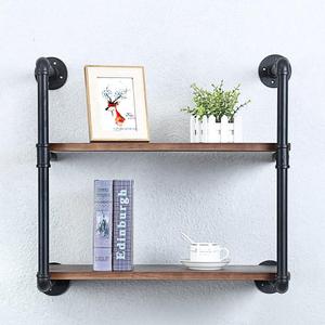 Industrial Pipe Shelving Wall Mounted,24in Rustic Metal Floating Shelves,Steampunk Real Wood Book Shelves,Wall Shelf Unit Bookshelf Hanging Wall Shelves,Farmhouse Kitchen Bar Shelving(2 Tier)