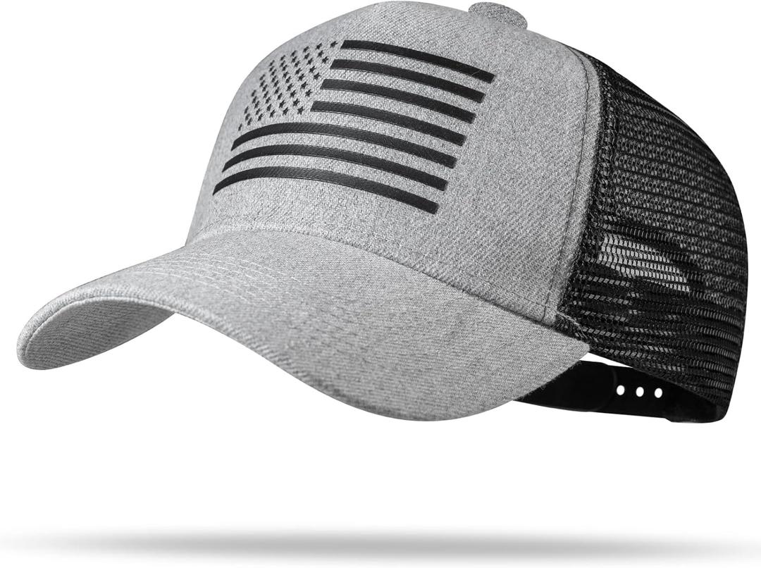 American Flag Trucker Hat - Snapback Hat, Baseball Cap for Men Women - Breathable Mesh Side, Adjustable Fit - for Casual Wear (One Size, Heather Gray/Black)