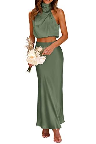 PRETTYGARDEN Women's 2 Piece Satin Outfits Summer Sleeveless Mock Neck Crop Tops and Long Skirt Dress Sets (Army Green,Medium)