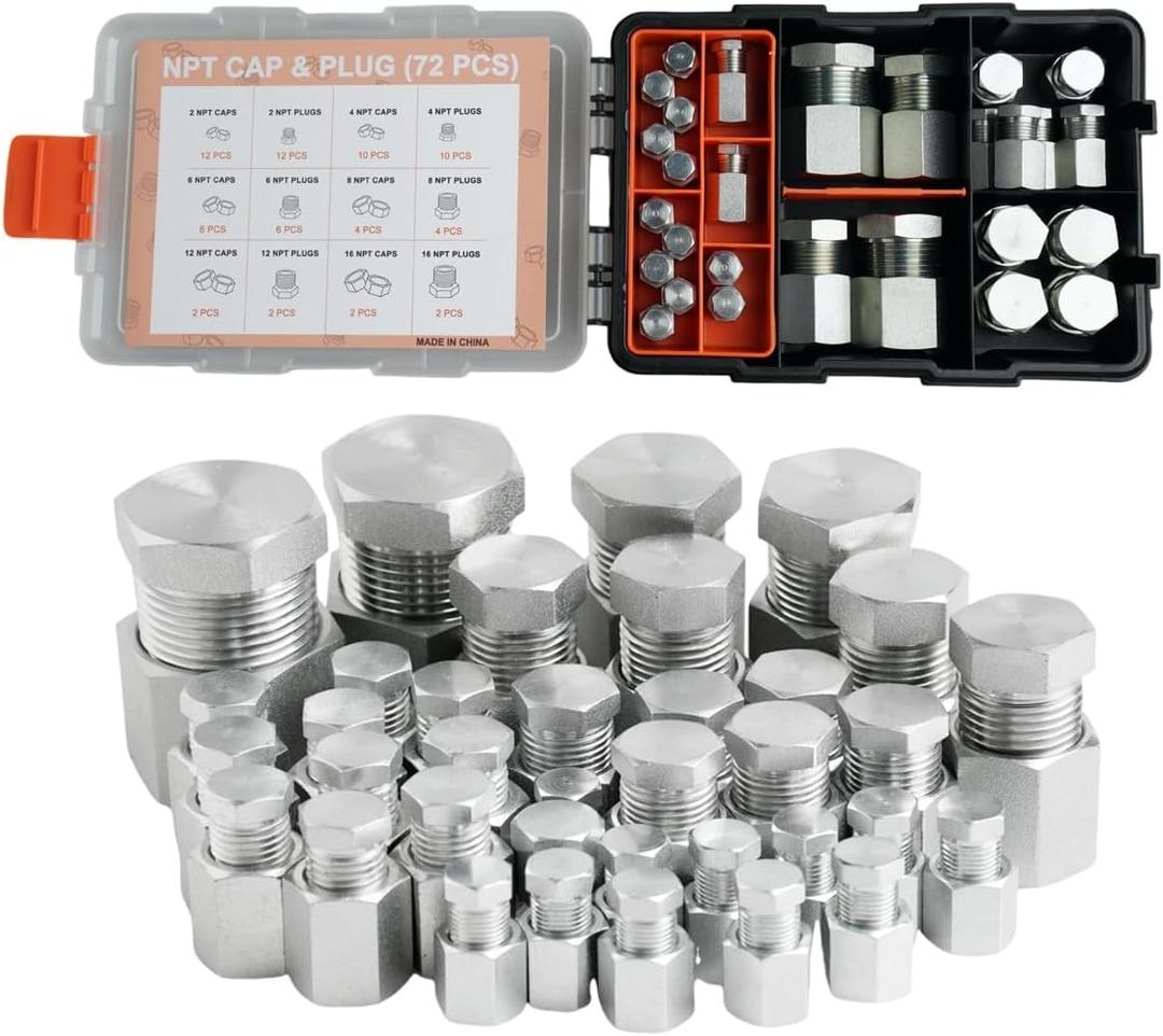 legines 72 Pcs Hydraulic Hose Caps and Plugs Kit, NPT Cap and Plug Assortment Kit, Heavy Duty Seal Adapter Kit with Precision Threads, Steel Flare Fitting Set, Dash Sizes 2 4 6 8 12 16