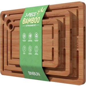 Bamboo Cutting Board for Kitchen, Wooden Cutting Board 3-Piece Set with Non-Slip Mat Deep Juice Groove and Built-In Handles, Wood Cutting Board for Meat Vegetables Fruit Ideal Gift for the Home (Brown)