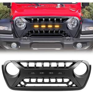Front Grill Compatible with 2018-2025 Jeep Wrangler JL Gladiator JT, Matte Black Armor Grille with Amber Lights and Camera Bracket