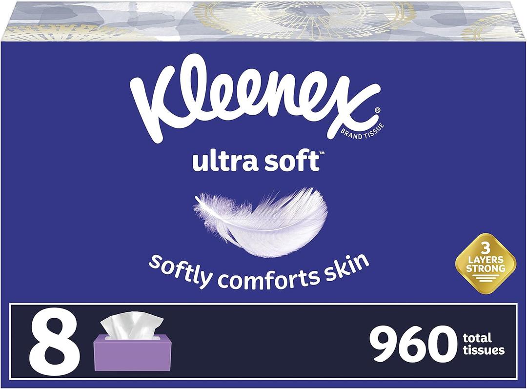 Kleenex Ultra Soft Facial Tissues, 8 Flat Boxes, 120 Tissues per Box (960 Total Tissues) (White)