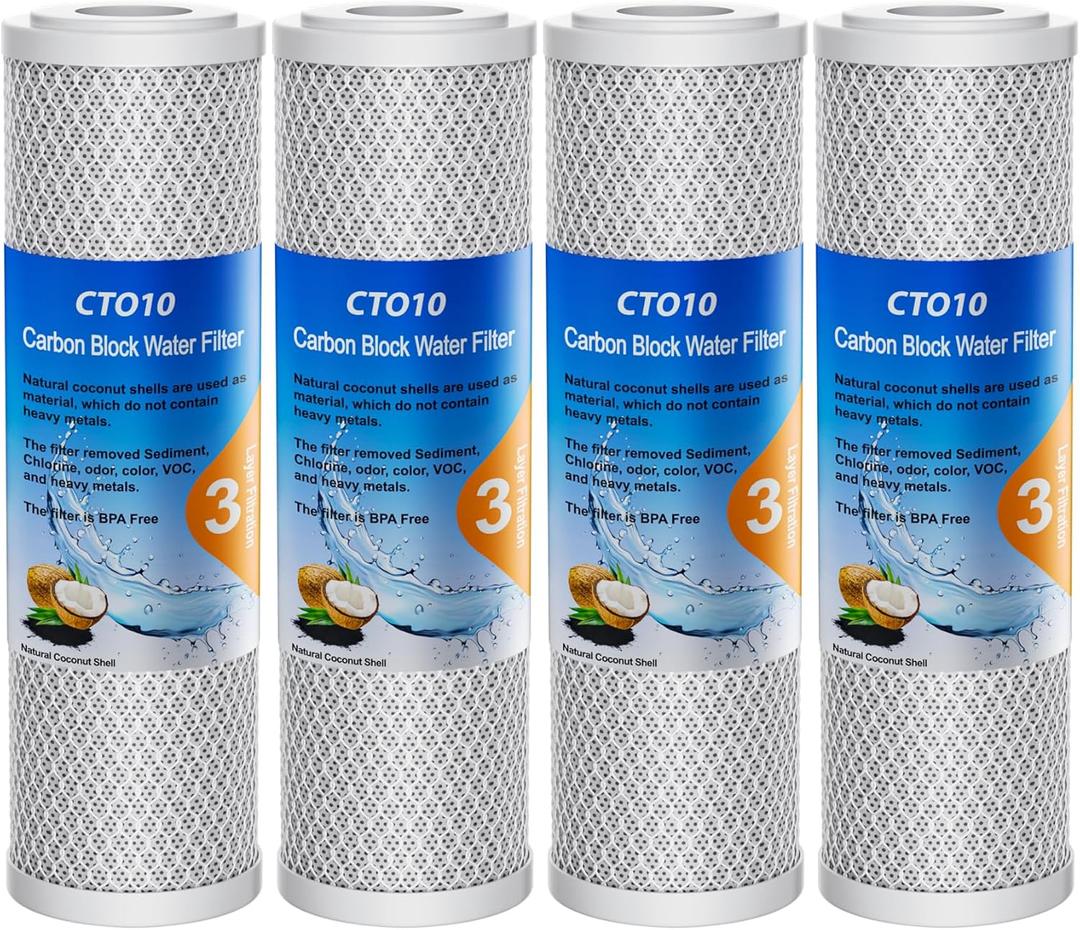 1 Micron 2.5" x 10" Whole House CTO Carbon Sediment Water Filter Cartridge Compatible with DuPont WFPFC8002, WFPFC9001, SCWH-5, WHCF-WHWC, FXWTC, CBC-10, RO Unit, Pack of 4