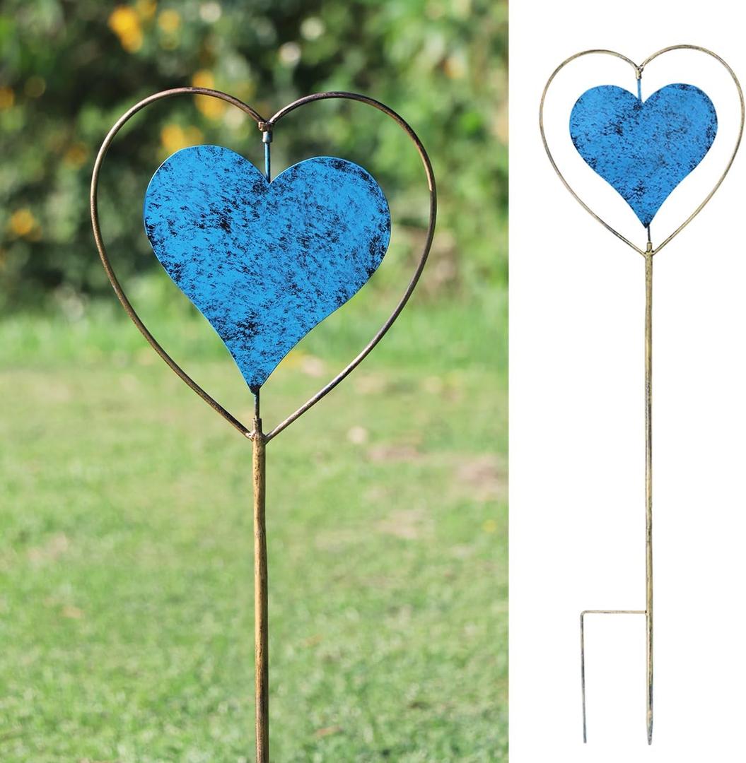 Metal Garden Decor for OutsideRotating Heart-Shaped Garden Stake, Cemetery Decorations for Grave,Perfect for Planter Decorations, Outdoor Lawn Gardens, Also The Best Choice for Gifts - Blue