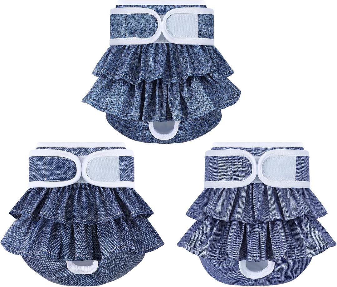 Reusable Dog Diapers Female 3 Pack Doggie Diapers for Period Heat Incontinence Puppy Training (X-Small, Jeans)