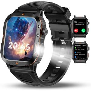 Military Smartwatch for Men, LED Flashlight Bluetooth Call IP68 Waterproof Heart Rate Blood Oxygen Sleep Tracker Fitness Pedometer Android iOS Compatible - Ideal for Hunting Hiking Extreme Sports (Black)