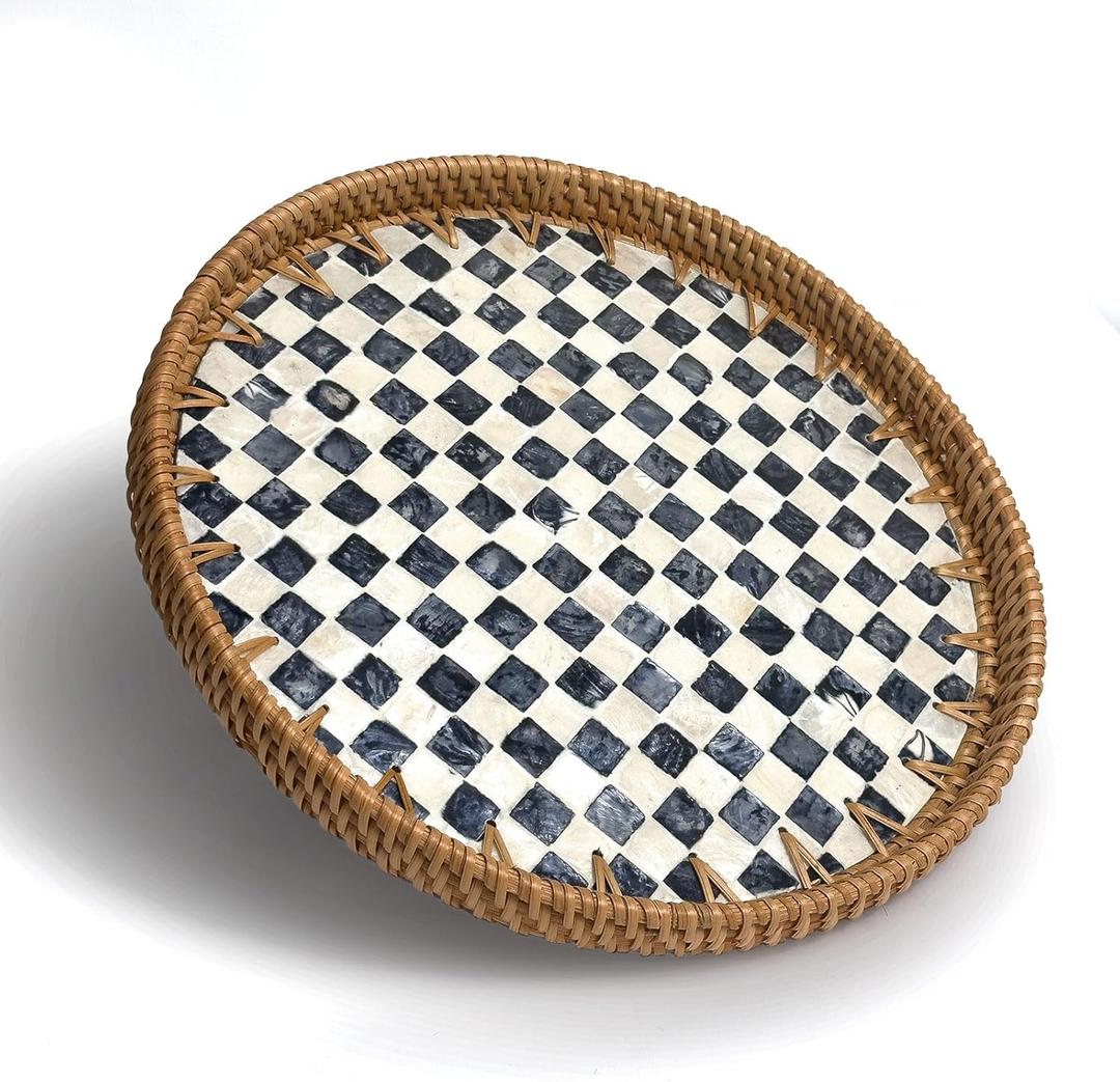 Round Rattan Tray with Mother of Pearl Inlay, Decorative Basket with Wooden Base, Woven Tray for Kitchen Island Decor, Table Decor, Storage and Display of Food (Checkerboard, 11.8")