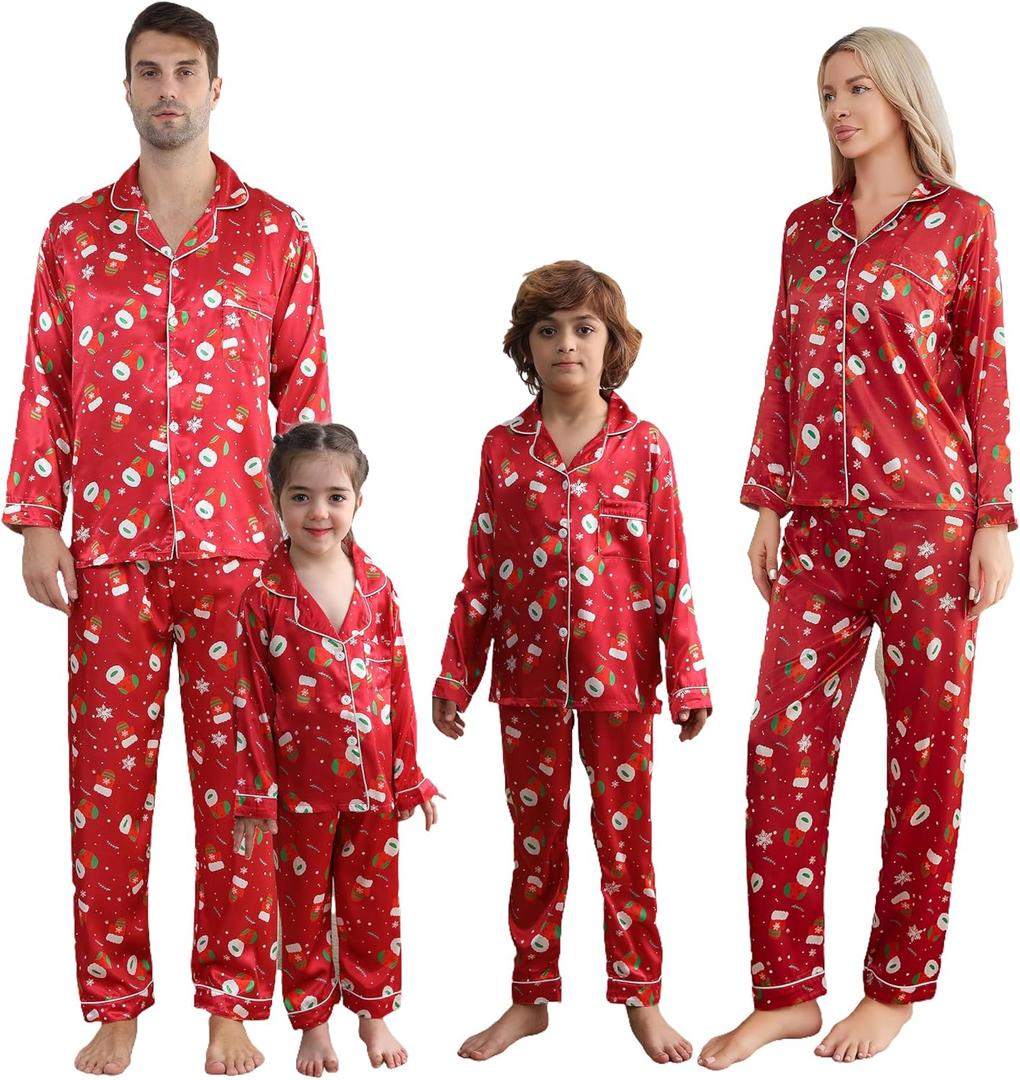 UNICLOUND Matching Family Christmas Pajamas Set, Soft Silk Satin Long Sleeve Button Down Comfy Holiday Loungewear for Couples, Men, Women Lazy Slumber Jammies Party(Sock, Women, X-Large) (Red, XL)